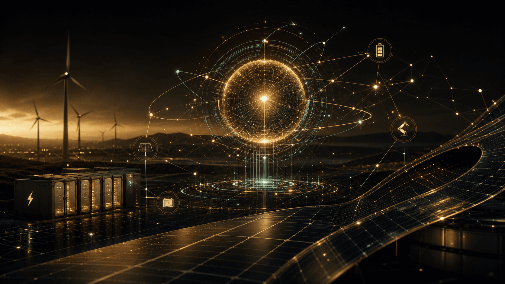 A solar, storage, wind, and intelligent energy network representing Ellie EnergyMind